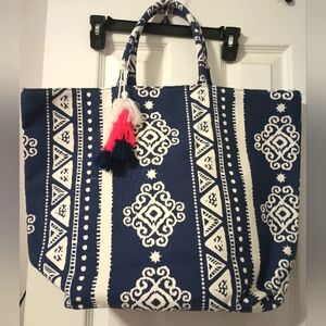 Navy and White Patterned Tote Bag